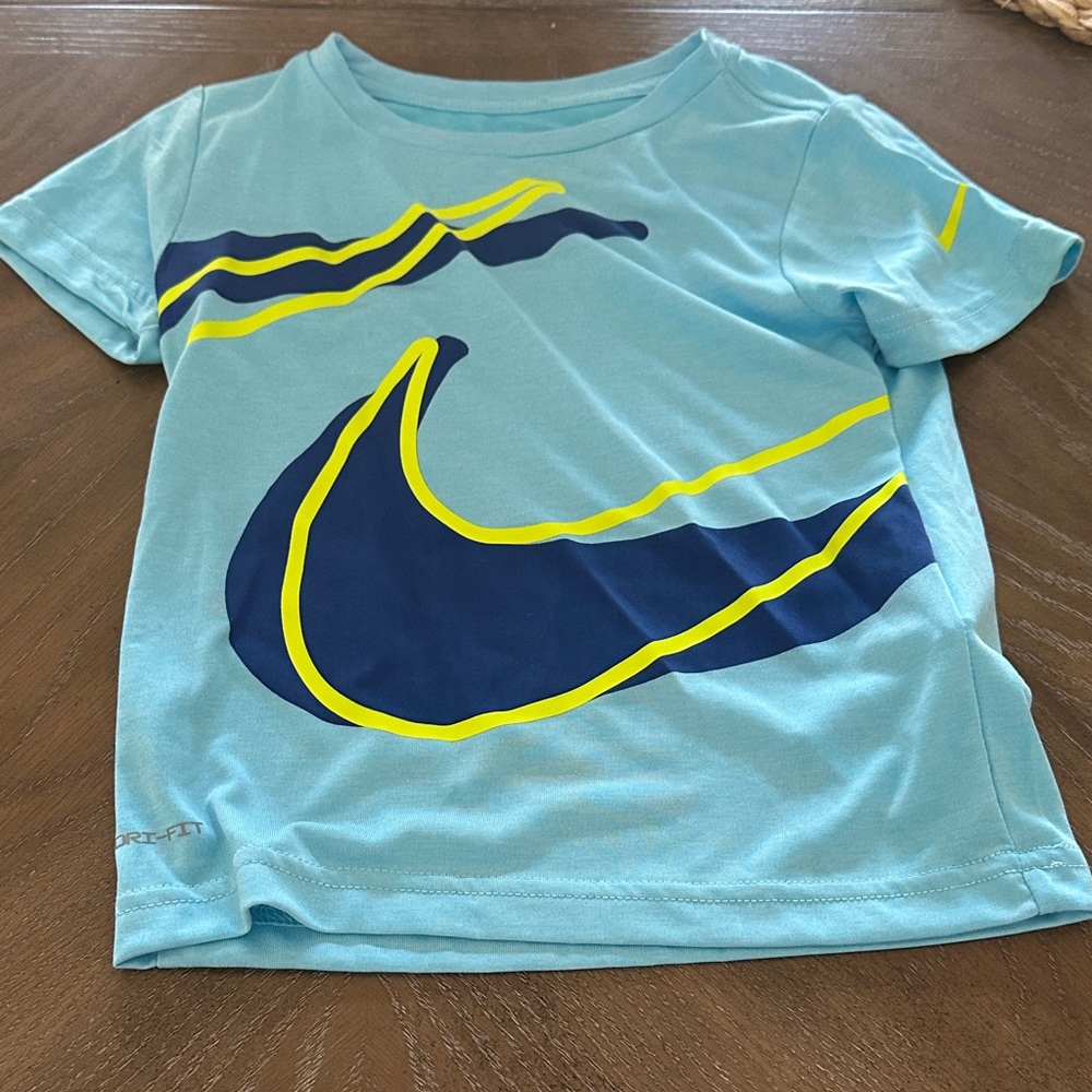 Nike Kids Aqua T-Shirt with Neon Yellow and Navy Accents